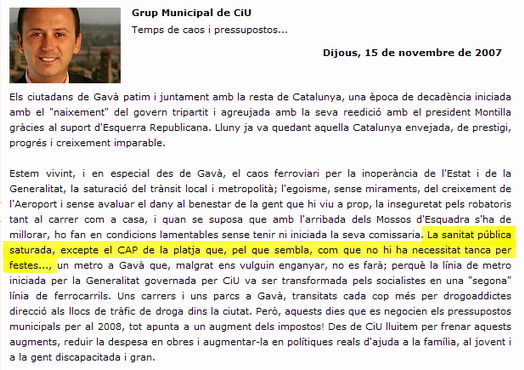 Article del regidor de CiU a l'Ajuntament de Gavà (Ramon Castellano) criticant el tancament del CAP de Gavà Mar en dies laborables